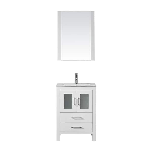 Virtu USA Dior 24 in. W Bath Vanity in White with Ceramic Vanity Top in Slim White Ceramic with Square Basin and Mirror