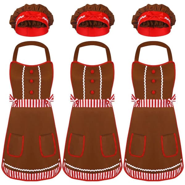 6-Piece 21 in. x 29 in. Browns Gingerbread Man Christmas Apron and Hat Set for Xmas Party Supplies, Kitchen Apron Decor