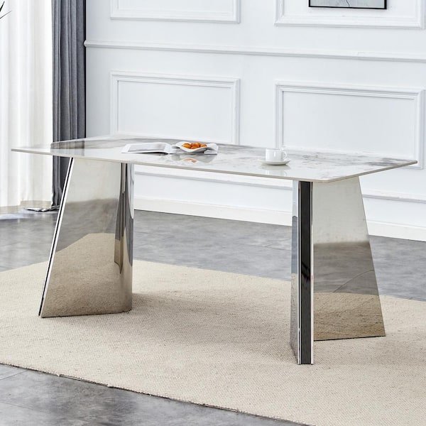 Polibi White/Silver Sintered Stone Top Double Pedestal Dining Table with Stainless Steel Butterfly Legs Seats 4