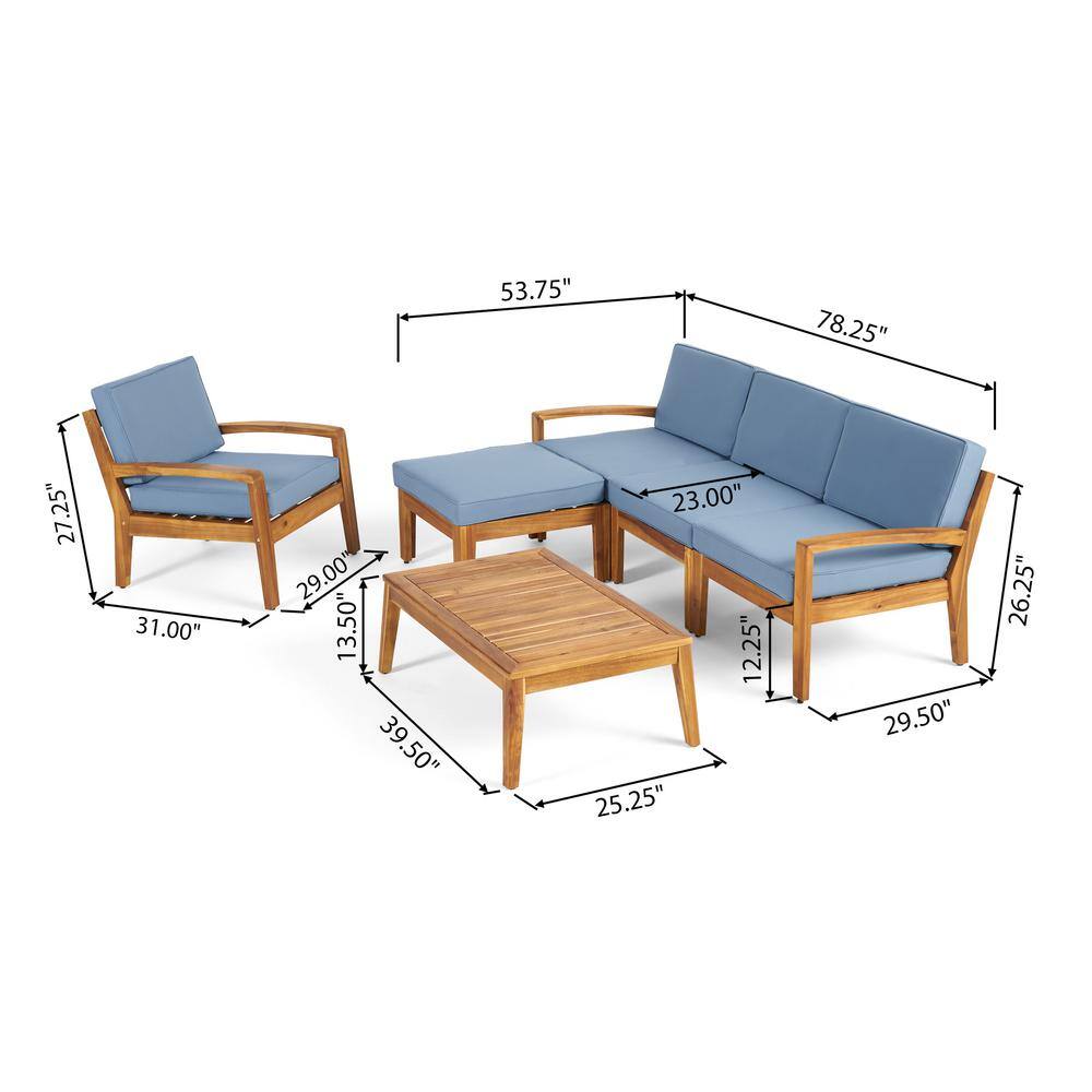 Grenada Teak Brown 4-Seater Outdoor Sectional Sofa Set with Blue Cushions