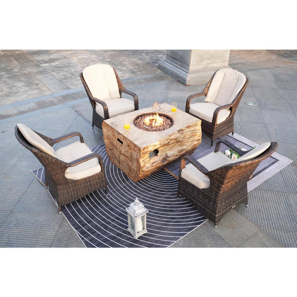 Strip 5-Pieces Rock and Fiberglass Fire Pit Table Brown Wicker Chairs Conversation Set with Beige Cushions price history on PriceWatchPro