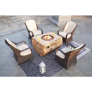 Strip 5-Pieces Rock and Fiberglass Fire Pit Table Brown Wicker Chairs Conversation Set with Beige Cushions