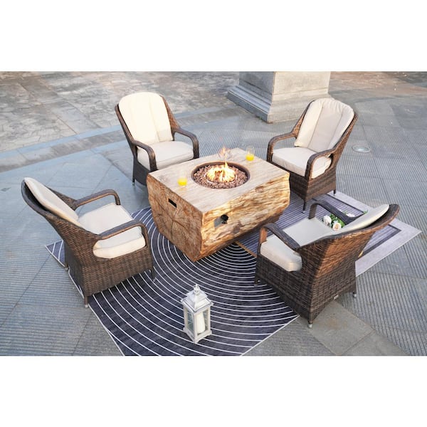 moda furnishings Strip 5-Pieces Rock and Fiberglass Fire Pit Table Brown Wicker Chairs Conversation Set with Beige Cushions
