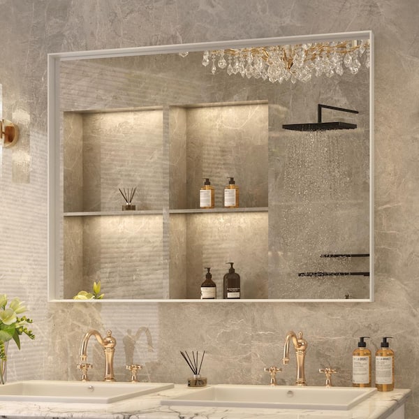 FAMYYT 40 in. W x 30 in. H White Rectangular Aluminum Framed Beveled Edge Horizontal and Vertical Wall Bathroom Vanity Mirror