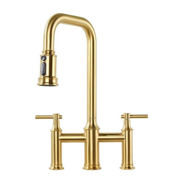 3-Holes Double Handle Brass Bridge Kitchen Faucet with 3-Modes Pull-Down Sprayer and High Arc Spout in Bruhsed Gold