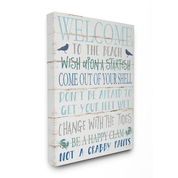 16 in. x 20 in. "Welcome to the Beach Blue Aqua and White Planked Look Sign Canvas Wall Art" by Jennifer Pugh