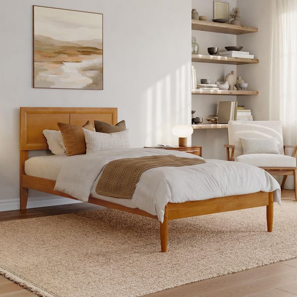 Ellarie Light Toffee Natural Bronze Wood Frame Twin XL Platform Bed with Adjustable Headboard