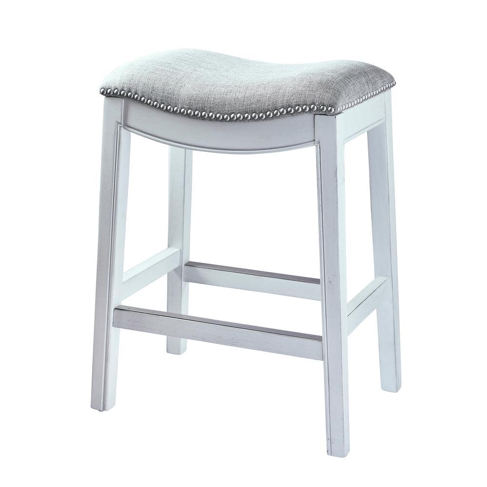 Zoey 31" White Wood Backless Saddle Barstool with Linen Seat