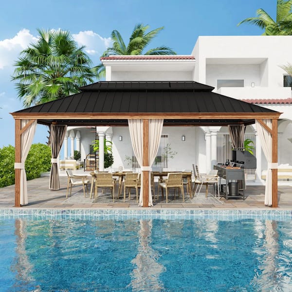 12 ft. x 18 ft. Outdoor Patio Aluminum Frame Gazebo with Double Hardtop Steel Roof, Mosquito Net and Curtains