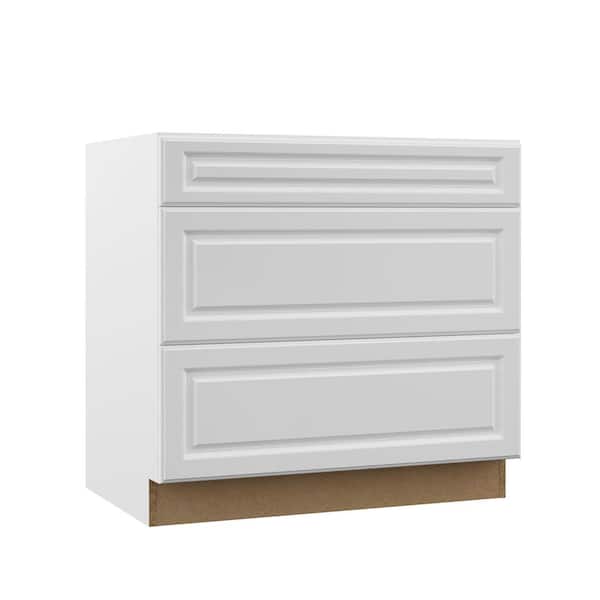 Designer Series Elgin 36 in. W x 24 in. D x 34.5 in. H Assembled Raised Panel 3-Drawer Base Cabinet in White