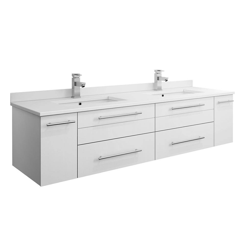 Lucera 60" White Quartz Double Wall-Mount Vanity with Ceramic Sinks