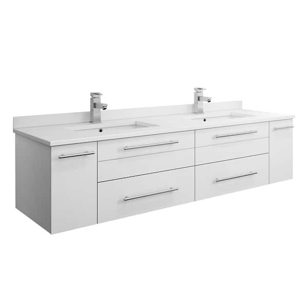 Fresca Lucera 60 in. W Wall Hung Bath Vanity in White with Quartz Stone Double Sink Vanity Top in White with White Basins