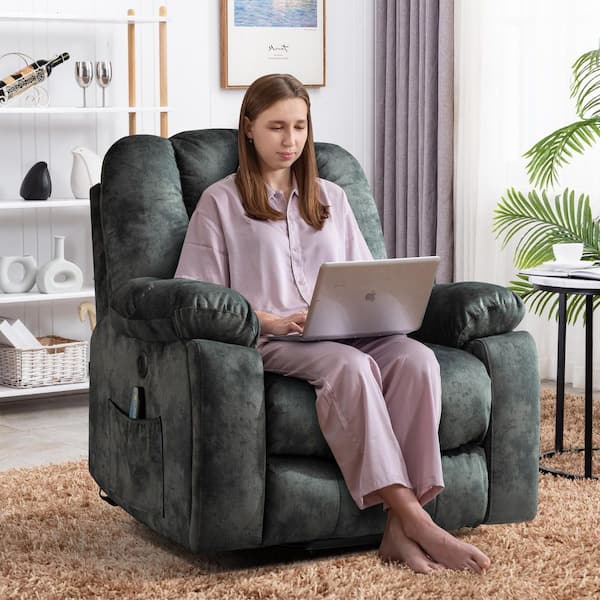 Set of 2- 40.6" W Grey Microfiber Oversize Power Lift Recliner Chair with Massage and Heating