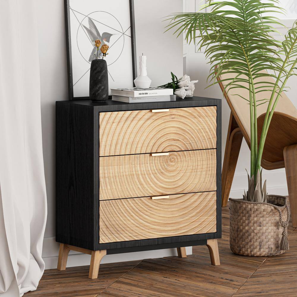 Black and Natural Wood 3-Drawer Nightstand with Ring Motif