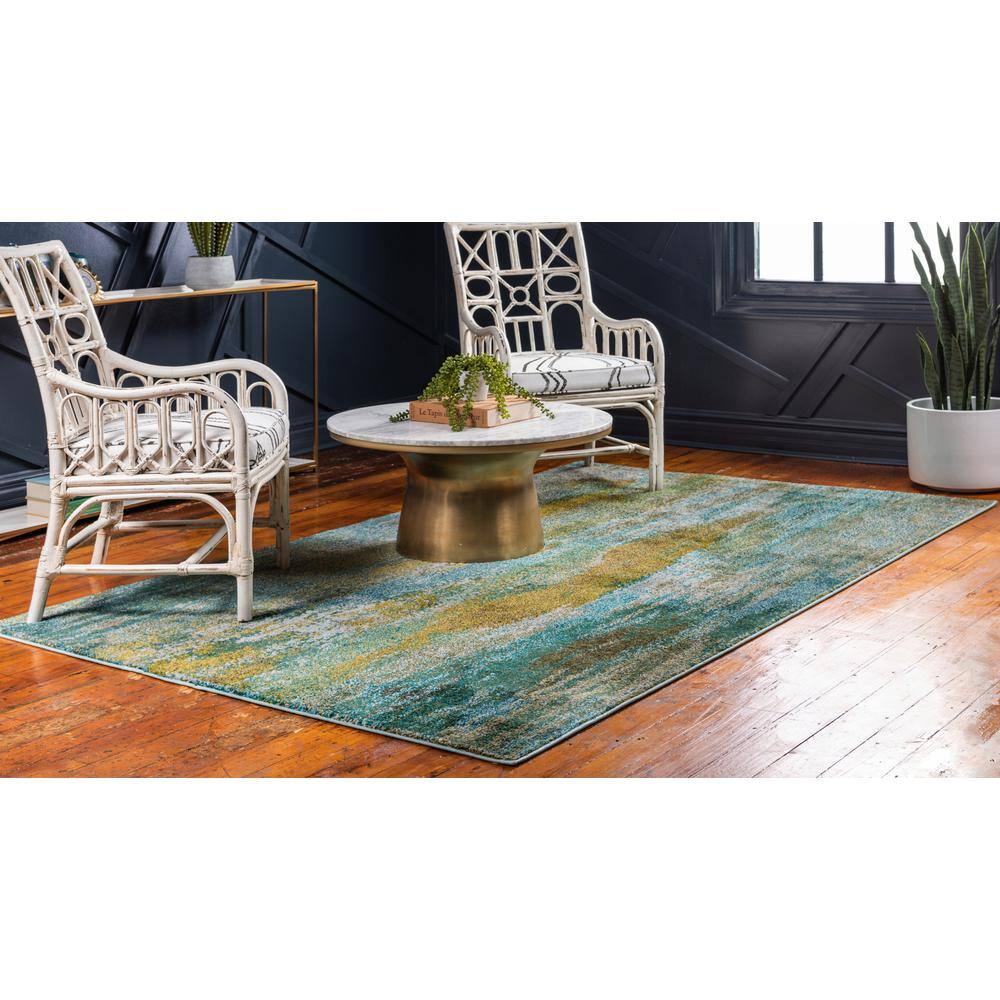 Turquoise and Gray Abstract Rectangular Area Rug, 5' x 8'