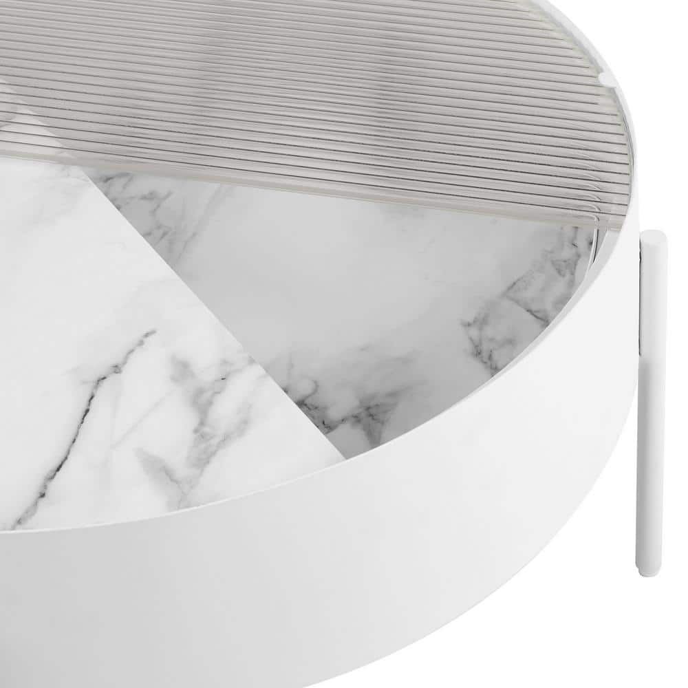 White Calacatta Marble Round Coffee Table with Fluted Glass