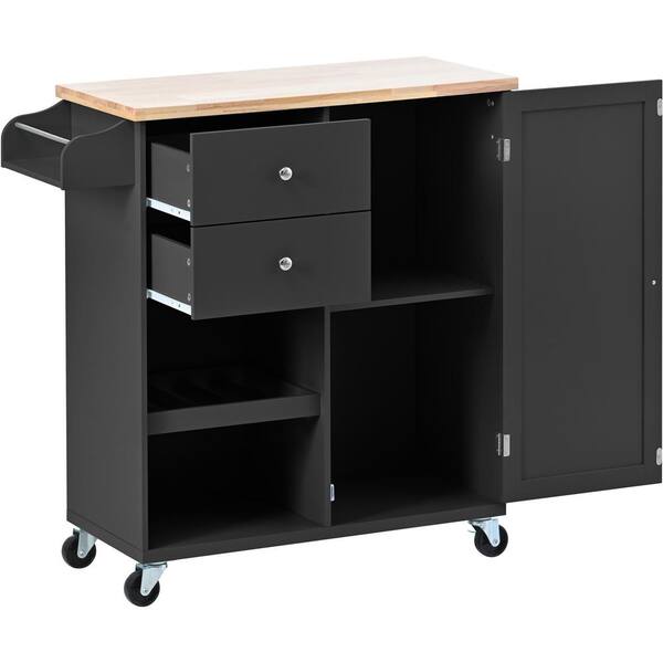 Zeus & Ruta Black Kitchen Cart on 4 Wheels with 2-Drawers and 3 Open ...