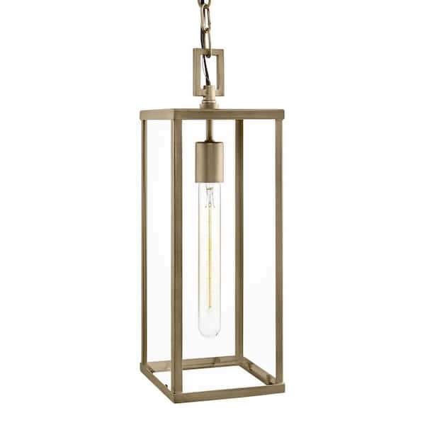 Hampton Bay Porter Hills 17.16 in. 1-Light Vintage Brass Hanging Outdoor Pendant Light with Clear Glass, No Bulbs Included