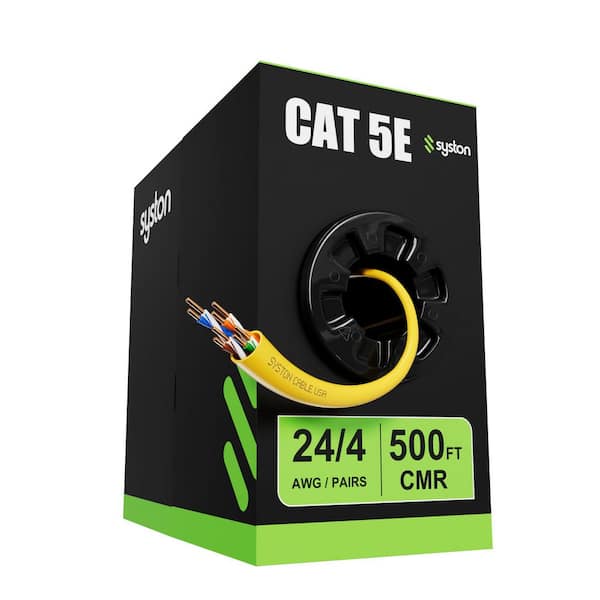 500 ft. Yellow CMR Cat 5e 350 MHz 24 AWG Solid Bare Copper Outdoor/Indoor Ethernet Network Wire Data Cable -Bulk No Ends