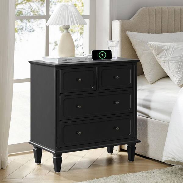 JAYDEN CREATION Jovina Black 30 in. W 4-Drawer Accent Chest with Built-in Divider Tray and Charging Station