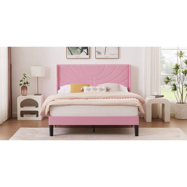 セール商品が満載 Pink Bed Upholstered VECELO Metal Bed Platform Full Frame パーツ