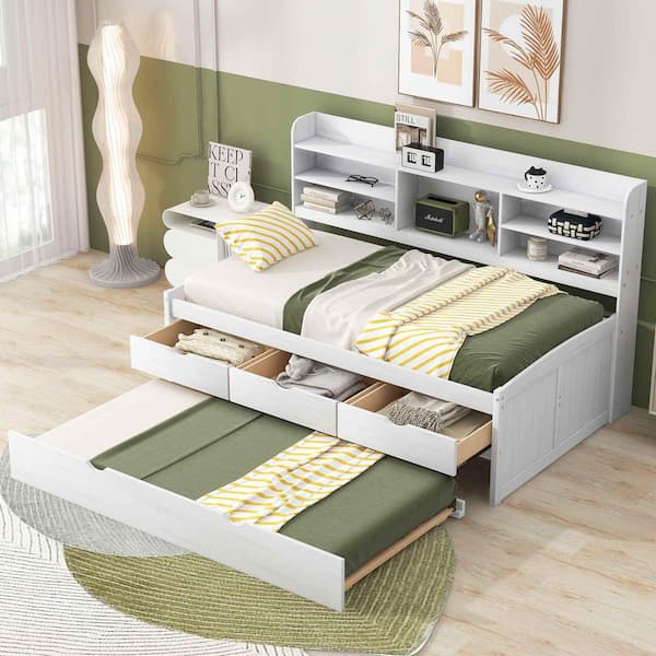 White Washed Wood Frame Twin Size Platform Bed with Built-in Bookshelves,3 Storage Drawers and Trundle