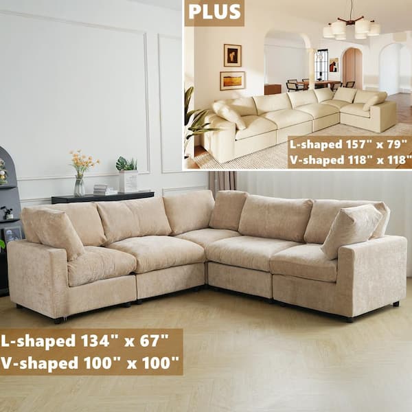 202 in. Square Arm Chenille Fabric 5-Piece Modular Free Combination Sectional Sofa in. khaki