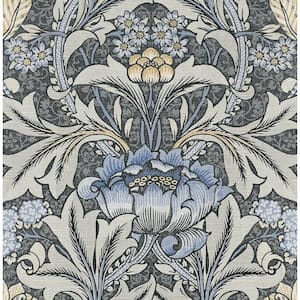 30.75 sq. ft. Charcoal & Carolina Blue Morris Flower Vinyl Peel and Stick Wallpaper Roll