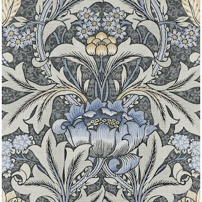 30.75 sq. ft. Charcoal & Carolina Blue Morris Flower Vinyl Peel and Stick Wallpaper Roll