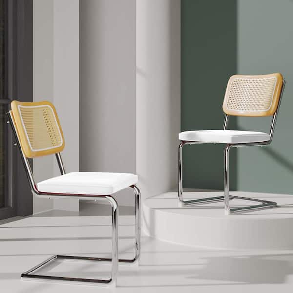 Unbranded Modern Outdoor Dining Chairs with Metal Chrome Legs, Armless Cane Back Chairs with White Upholstered Cushion, Set of 2