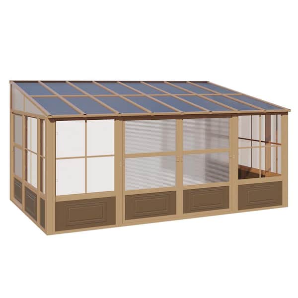 10 ft. x 16 ft. Wall Mounted Gazebo, All-Season Aluminum Patio Gazebo with Side Door, Outdoor Permanent Sunroom, Brown