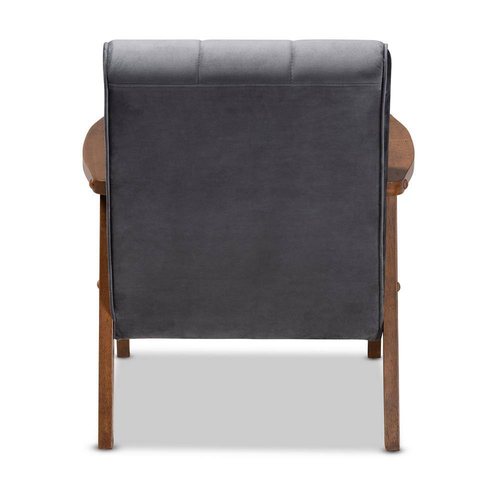 Mid-Century Modern Gray Velvet Accent Chair with Walnut Wood Frame