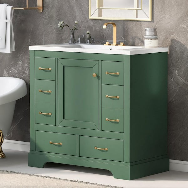 36 in. Single Sink Freestanding Green Bath Vanity with White Ceramic Top, Adjustable Shelves and 6 Drawer