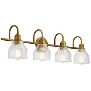 Avery 33.25 in. 4-Light Natural Brass Vintage Bathroom Vanity Light with Clear Seeded Glass