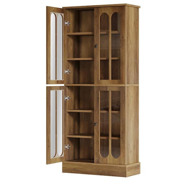 BYBLIGHT Eulas 72.05 in. Tall Brown Wood Rustic Bookcase with 6-Tier Spacious Interior Shelves and Arched Translucent Doors