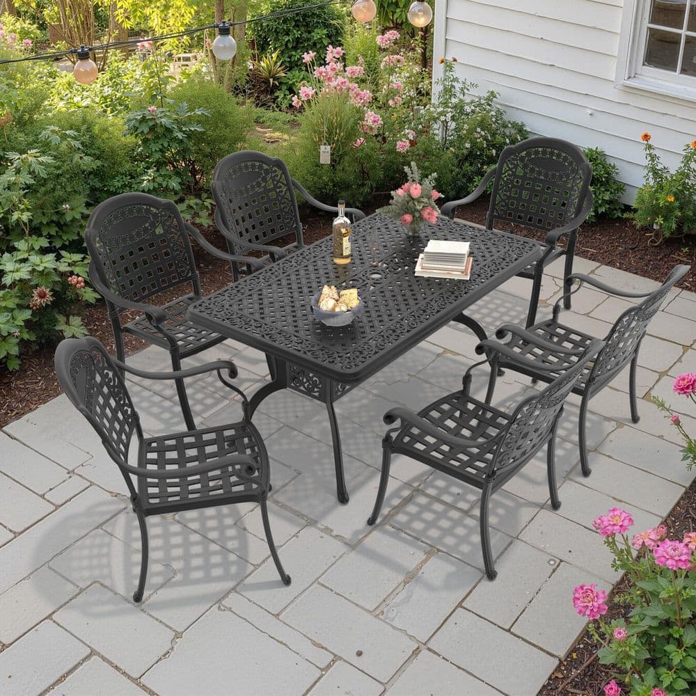 7-Piece Black Cast Aluminum Outdoor Dining Set with Blue Cushions price history on PriceWatchPro