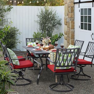 Black 7-Piece Metal Rectangle Outdoor Dining Set with Red Cushion Patio Furniture Set with Swivel Dining Chair