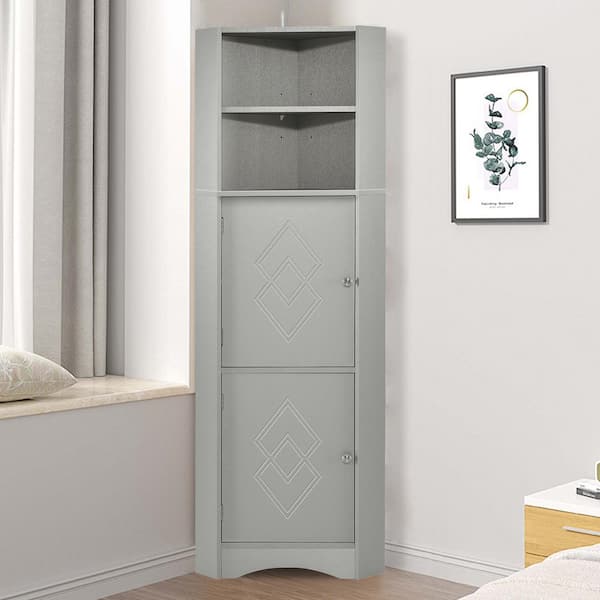 15 in. L x 1 5 in. W x 61 in. H in Gray Ready to Assemble High Bathroom Corner Cabinet Freestanding Storage with Doors