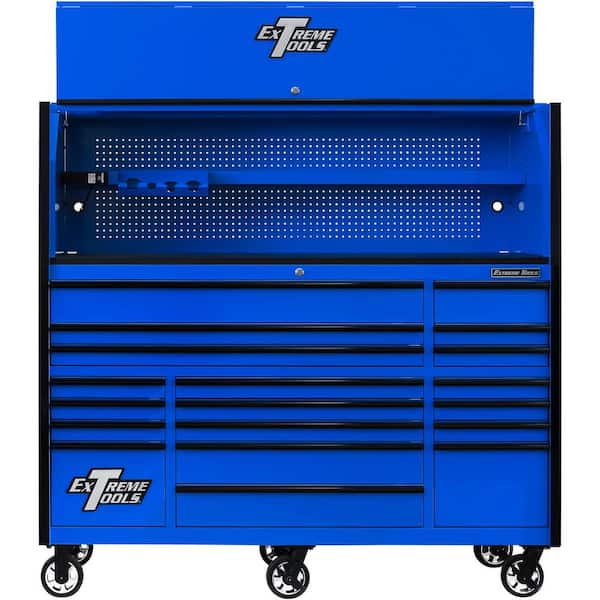 Extreme Tools RX Series Professional 72 in. W Hutch and 19-Drawer Roller Cabinet Combo, 150 lbs. Slides, Blue Black Drawer Pulls