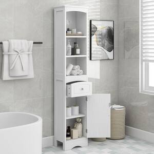 Tall 13.4 in. W x 9.1 in. D x 66.9 in. H White MDF Board Freestanding Linen Cabinet with Adjustable Shelves in White
