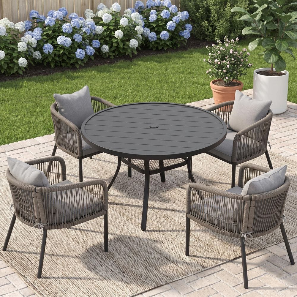 5-Piece 47.2 in. Black Metal Round Slatted Patio Outdoor Dining Set with 4 Gray Wicker Rope Chairs with Gray Cushions price history on PriceWatchPro
