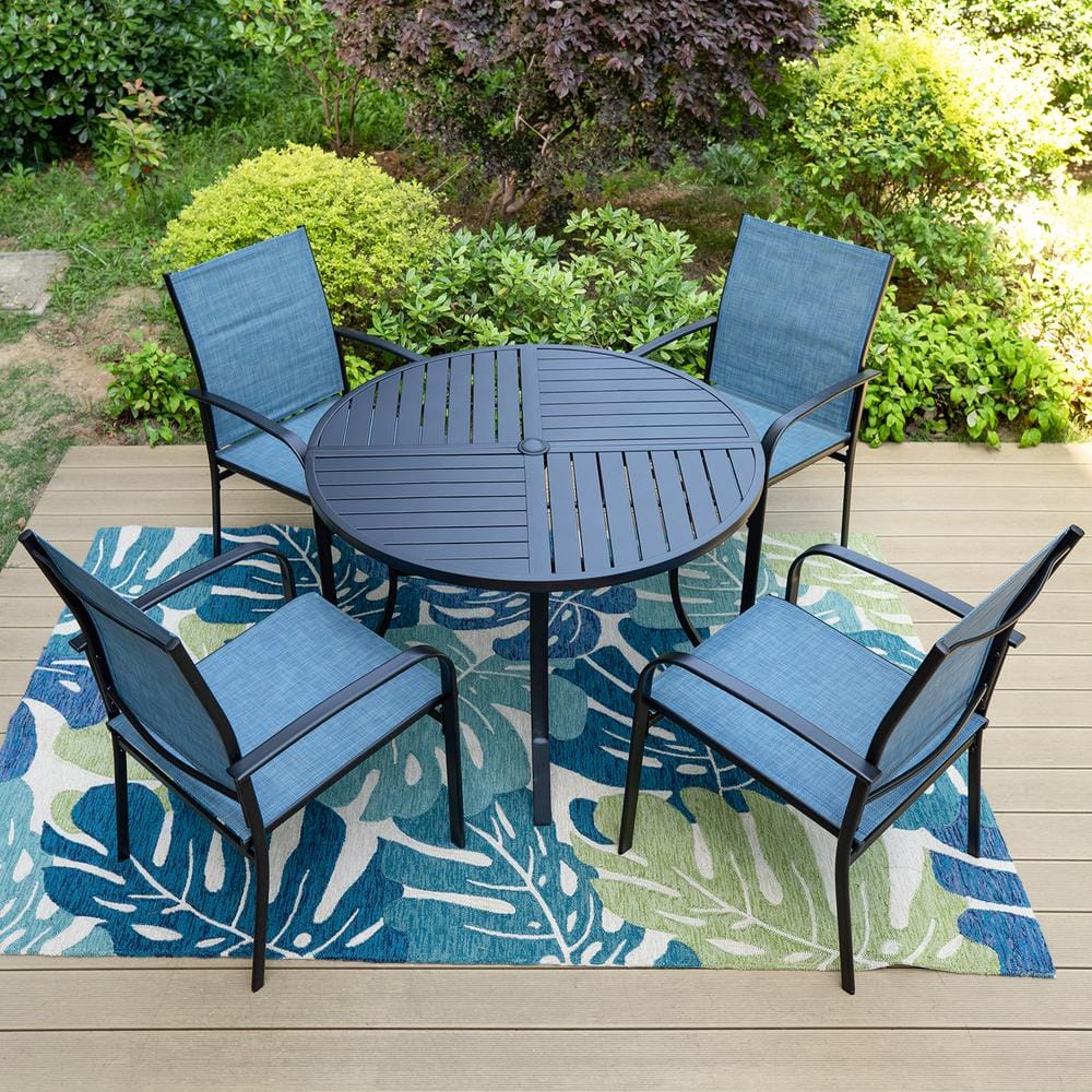 Black 5-Piece Metal Slat Round Table Patio Outdoor Dining Set with Blue Textilene Chairs -  PHI VILLA, THD5-409-154B