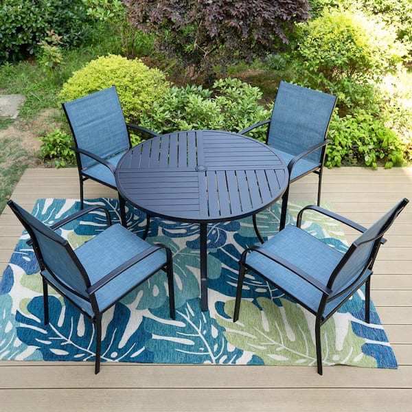 PHI VILLA Black 5-Piece Metal Slat Round Table Patio Outdoor Dining Set with Blue Textilene Chairs