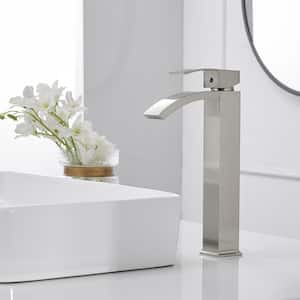 Single Hole Single Handle High Arc Bathroom Vessel Sink Faucet With Pop Up Drain Without Overflow in Brushed Nickel