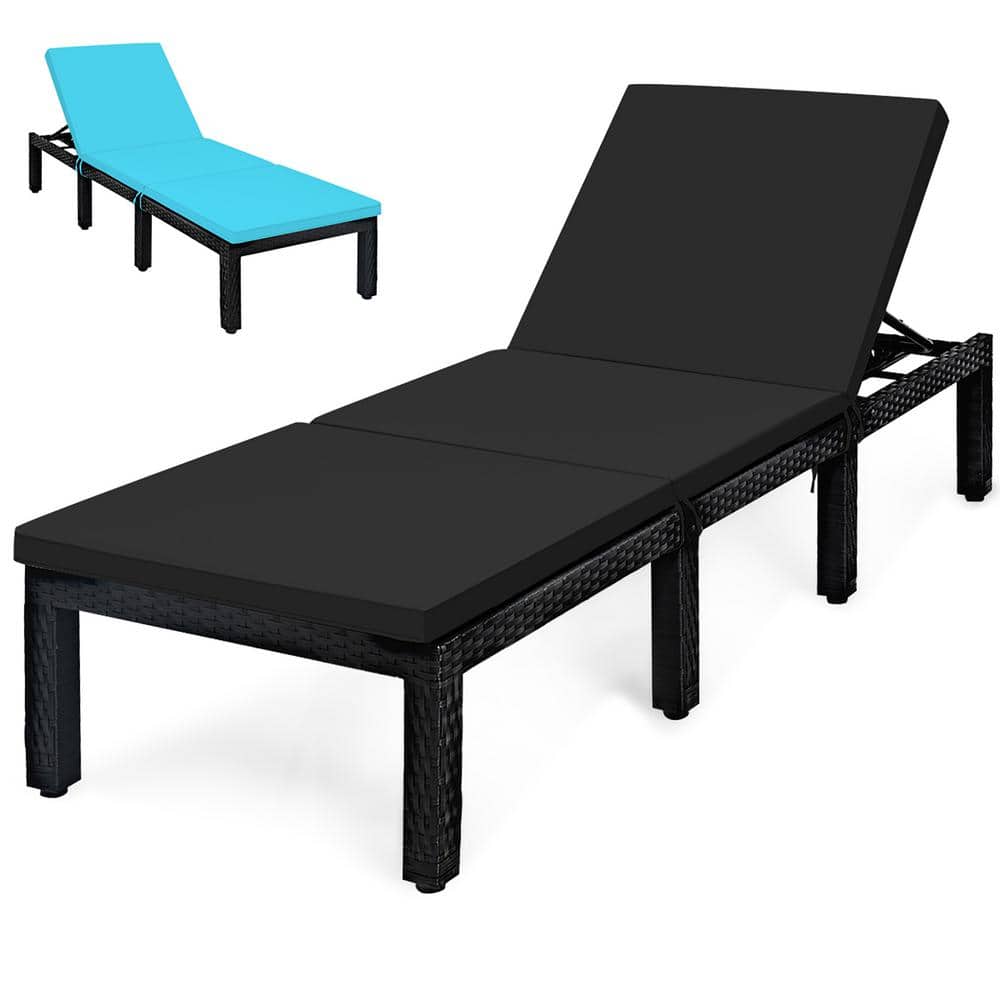 Costway Wicker Outdoor Lounge Chair Chaise Recliner Adjust with Black Cushion and Turquoise Cover