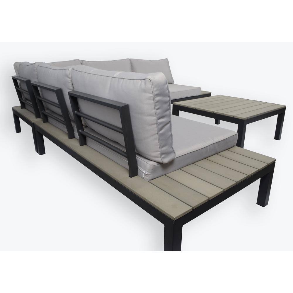 Light Gray Aluminum 5-Person Outdoor Sectional Set with Poly-Lumber Table