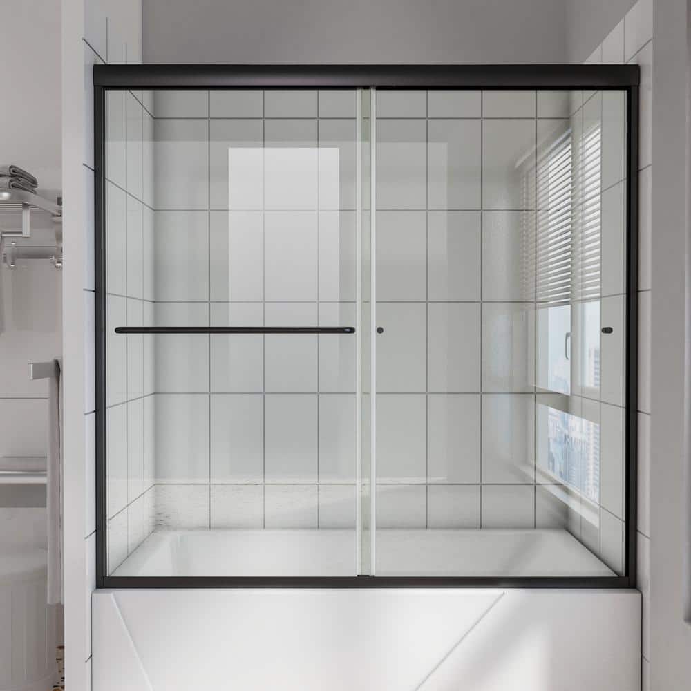Black Framed Double Sliding Tub Door with Clear Tempered Glass
