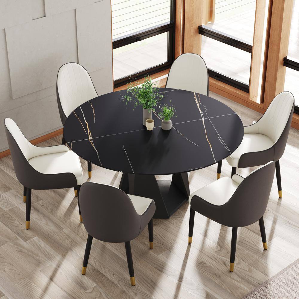 Magic Home 59 in. Black Round Sintered Stone Tabletop Black Pedestal Base Kitchen Dining Table ...