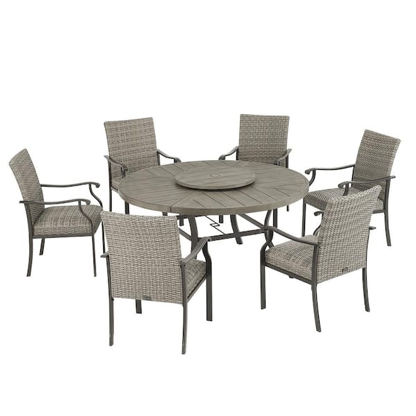 ULAX FURNITURE 7-Piece Aluminum Outdoor Dining Set, Round Dining Table with Lazy Susan