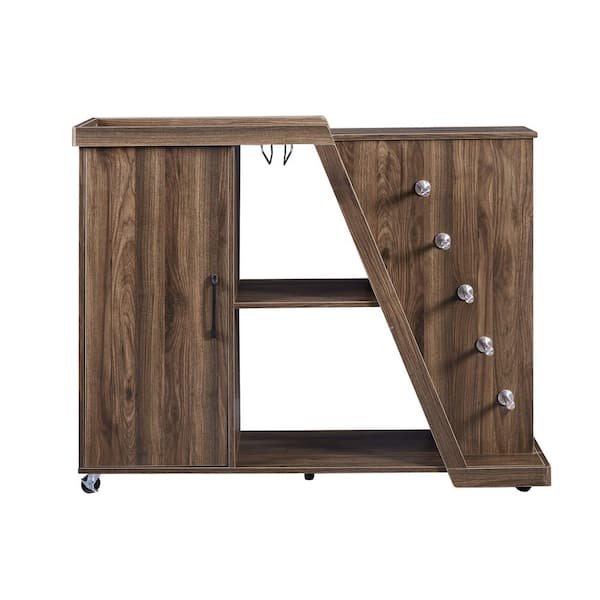 Tileon Particle Board Brown Kitchen Island Cart with Adjustable Shelf and Wine Holder